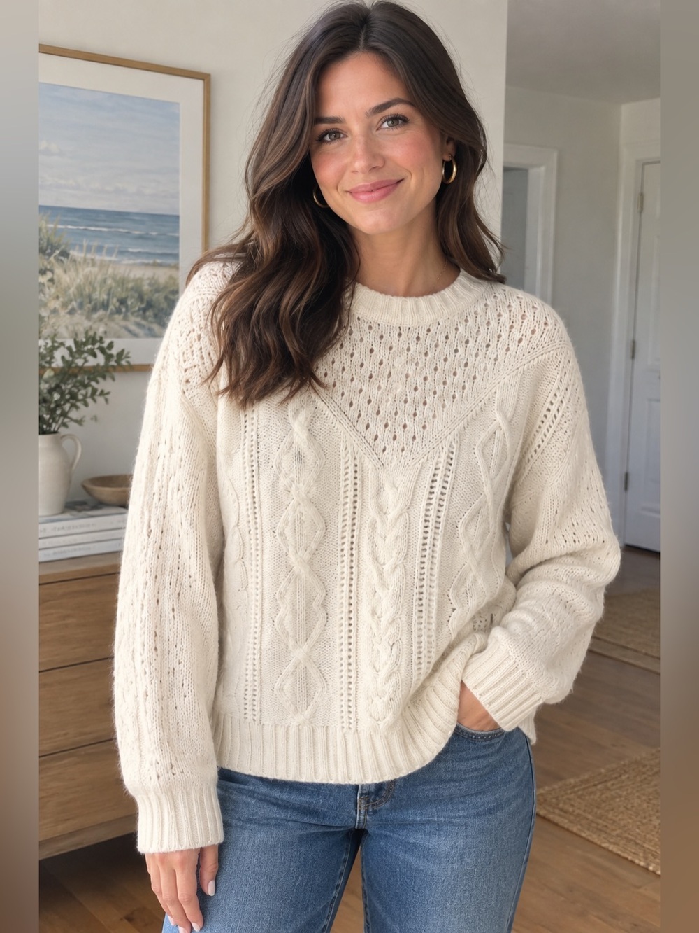 Crewneck Cashmere Cream Cable Knit Sweater